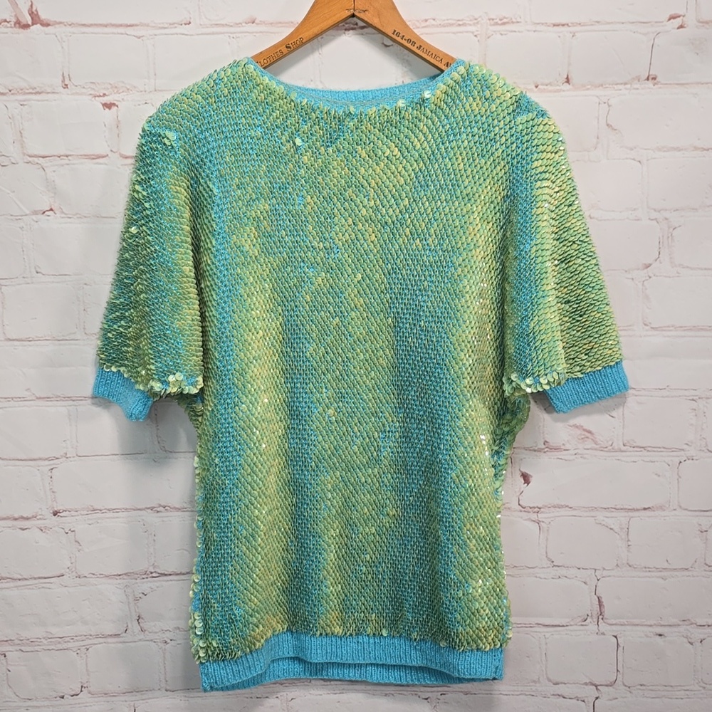 Teal/Lime Green Razzle Dazzle Sequin Blouse Size M - Picture 9 of 14